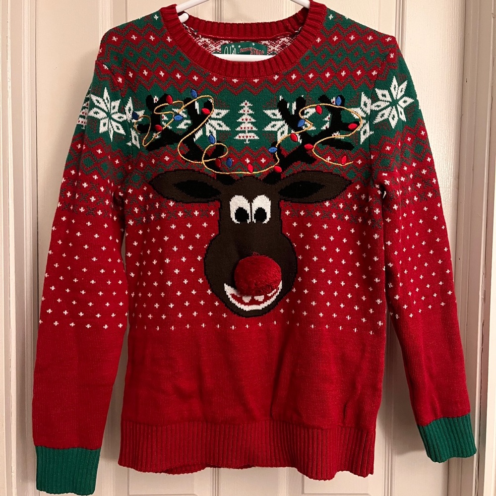 Ugly Christmas Sweater (17β across) - Red with Reindeer Design and Candy Poop!